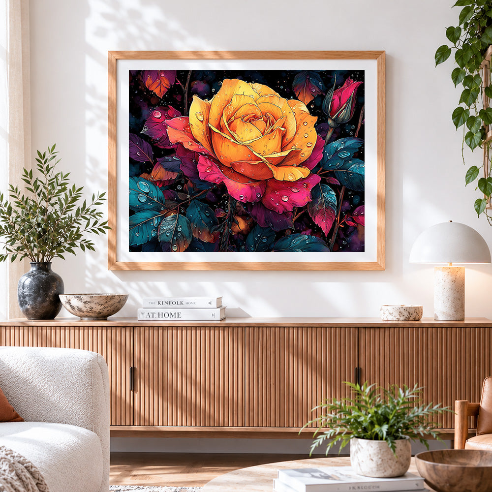 Finished dewy rainbow rose cross stitch artwork displayed