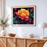 Dewy rainbow rose cross stitch artwork displayed on wall as home decor