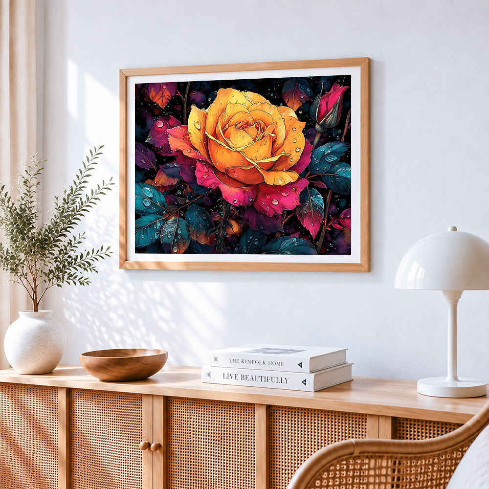 Dewy rainbow rose cross stitch artwork displayed on wall as home decor