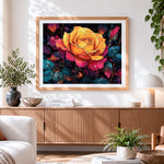 Finished dewy rainbow rose paint by numbers artwork displayed as home decor