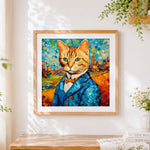 Finished distinguished gentleman cat in a blue suit cross stitch artwork displayed