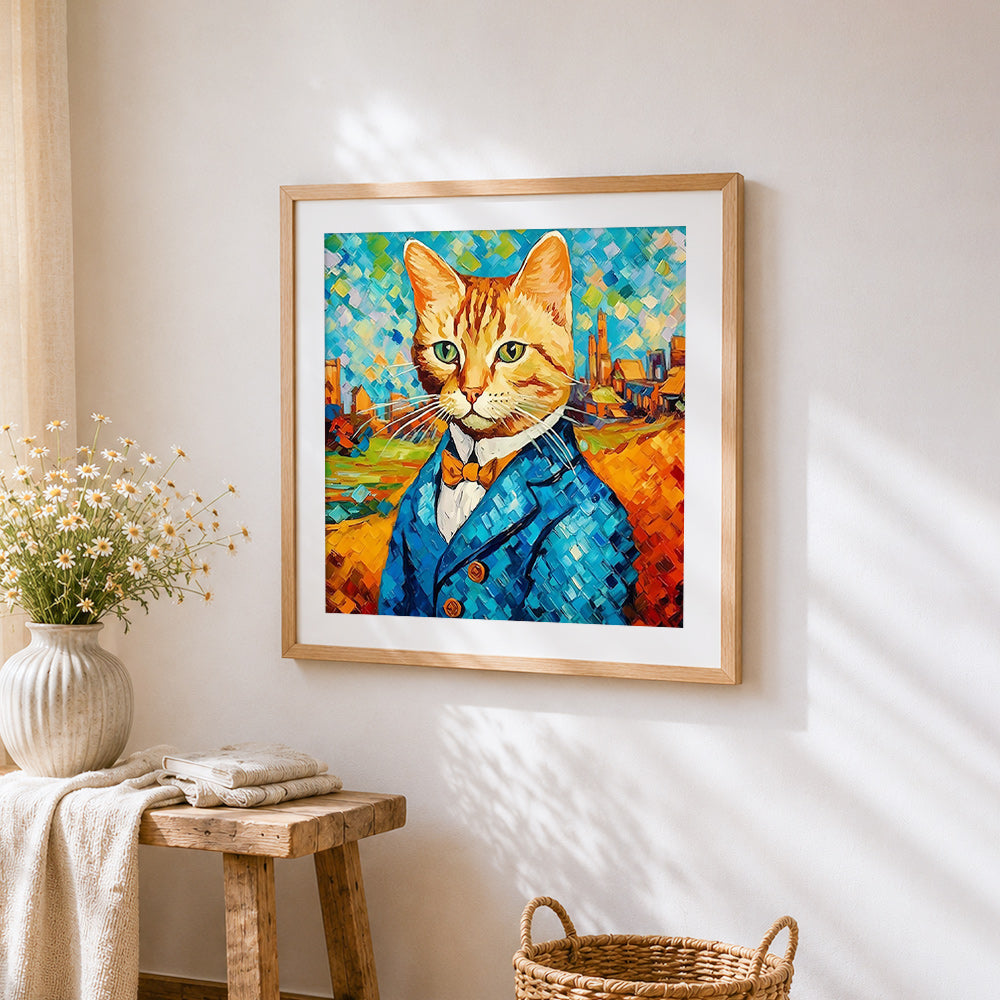Distinguished gentleman cat in a blue suit cross stitch artwork displayed on wall as home decor