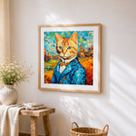 Distinguished gentleman cat in a blue suit cross stitch artwork displayed on wall as home decor