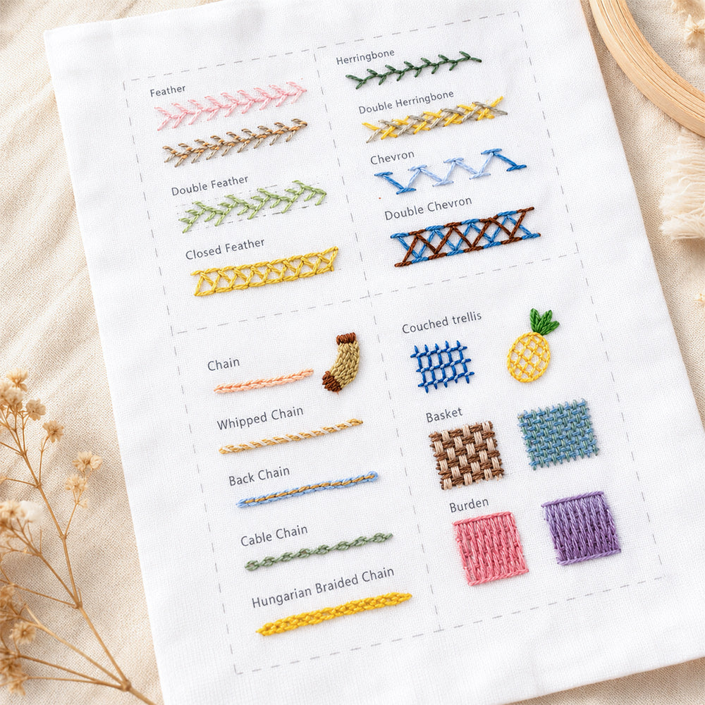 Colorful embroidery stitch samples featuring chain, feather, herringbone and decorative stitches