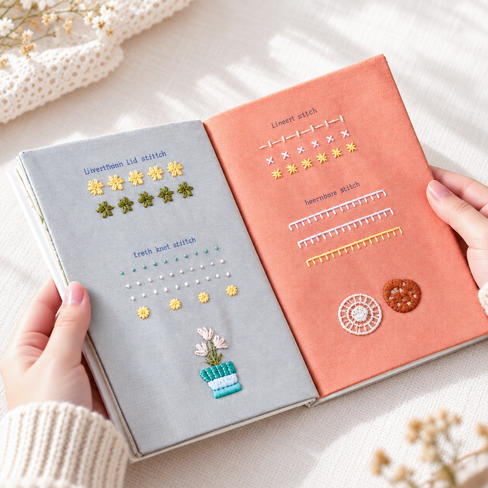 Open embroidery stitch practice book held by hand, showing floral embroidery patterns and different stitch techniques