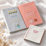 DIY embroidery stitch practice book featuring an open fabric sampler with decorative stitches and a matching embroidered cover