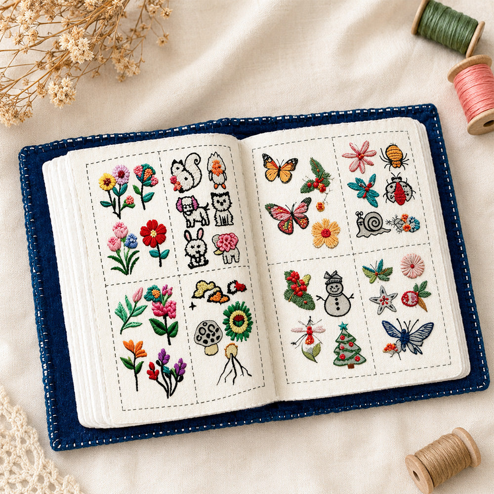 DIY embroidery stitch sampler book kit with colorful floral, animal and seasonal embroidery designs