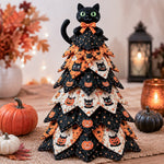 DIY quilted Halloween tree kit with black cat topper, pumpkins and orange black fabric