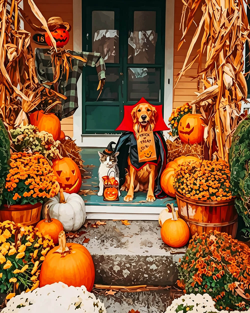 Dog and cat in halloween costumes cross stitch kit for beginners