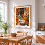 Dog and cat in halloween costumes cross stitch artwork displayed on wall as home decor