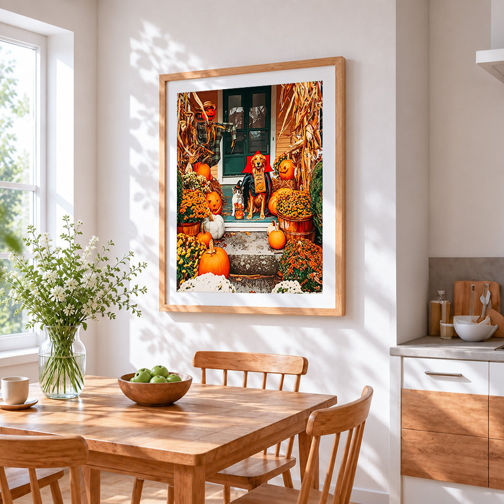 Dog and cat in halloween costumes cross stitch artwork displayed on wall as home decor