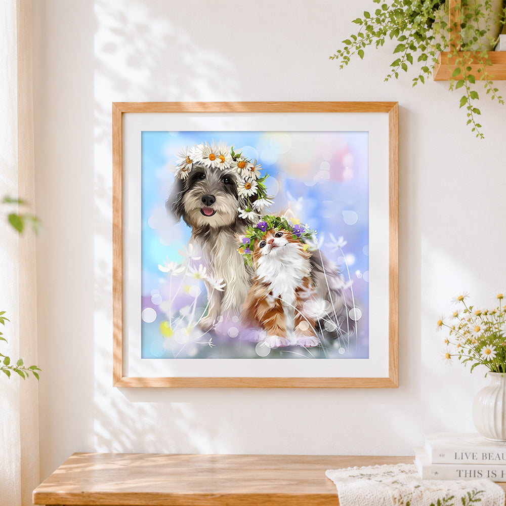 Finished dog and cat with flower crowns cross stitch artwork displayed