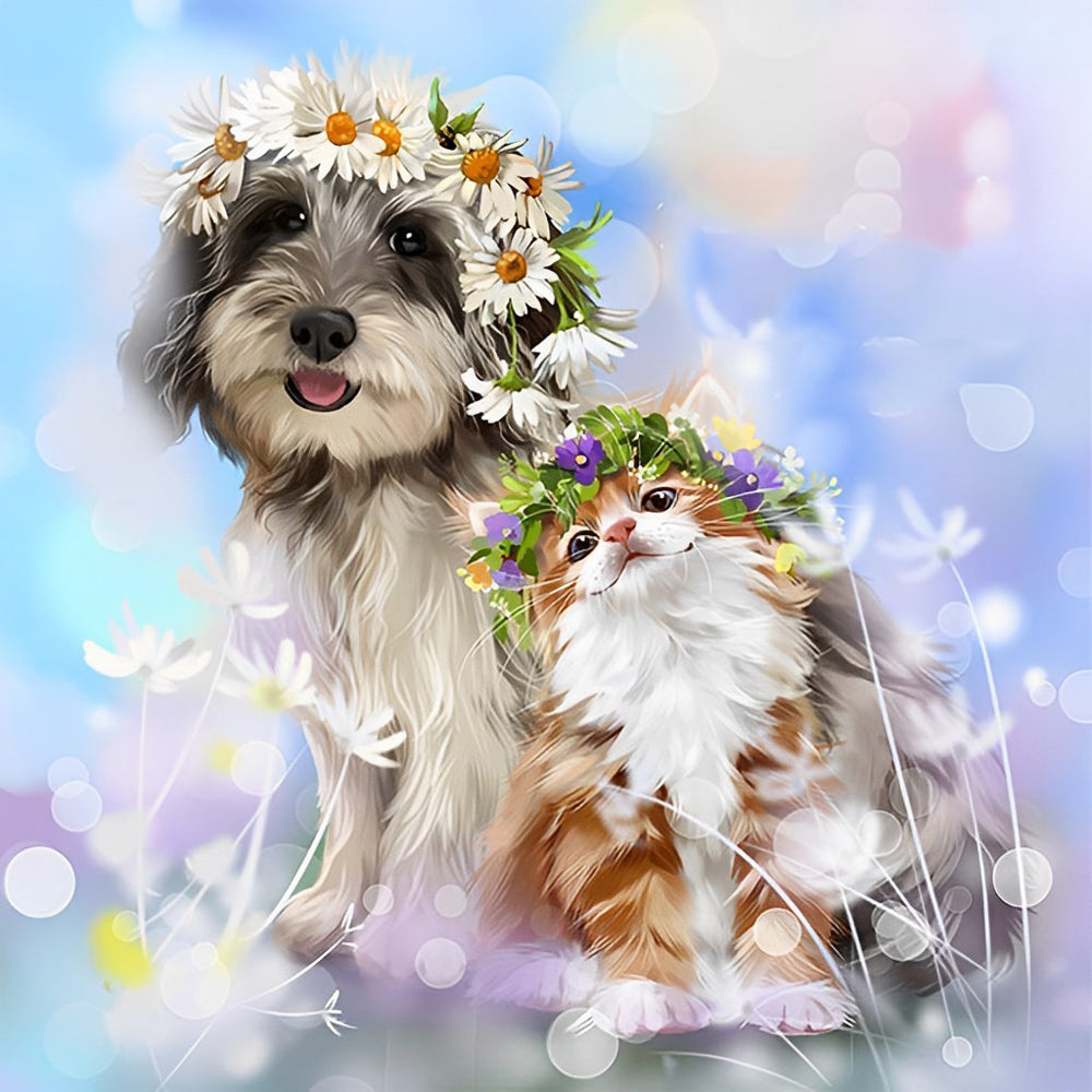 Dog and cat with flower crowns cross stitch kit for beginners