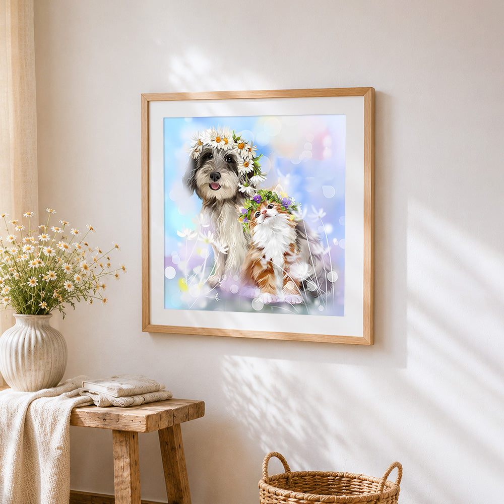 Dog and cat with flower crowns cross stitch artwork displayed on wall as home decor
