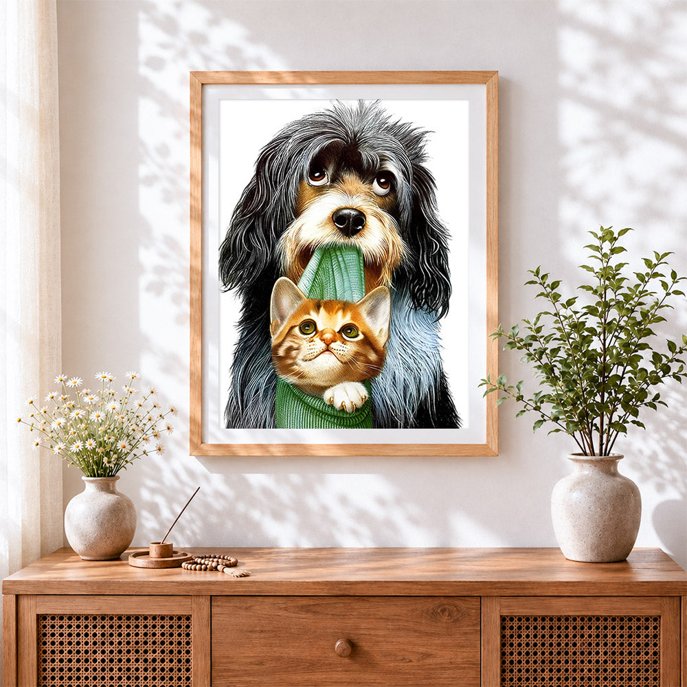 Finished dog carrying kitten cross stitch artwork displayed