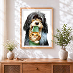 Finished dog carrying kitten cross stitch artwork displayed