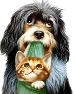 Dog carrying kitten cross stitch kit for beginners