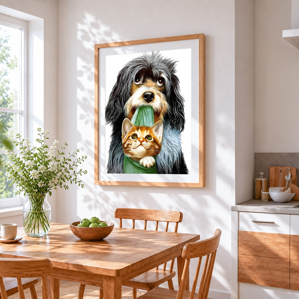 Dog carrying kitten cross stitch artwork displayed on wall as home decor