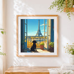 Finished dog looking at the eiffel tower cross stitch artwork displayed