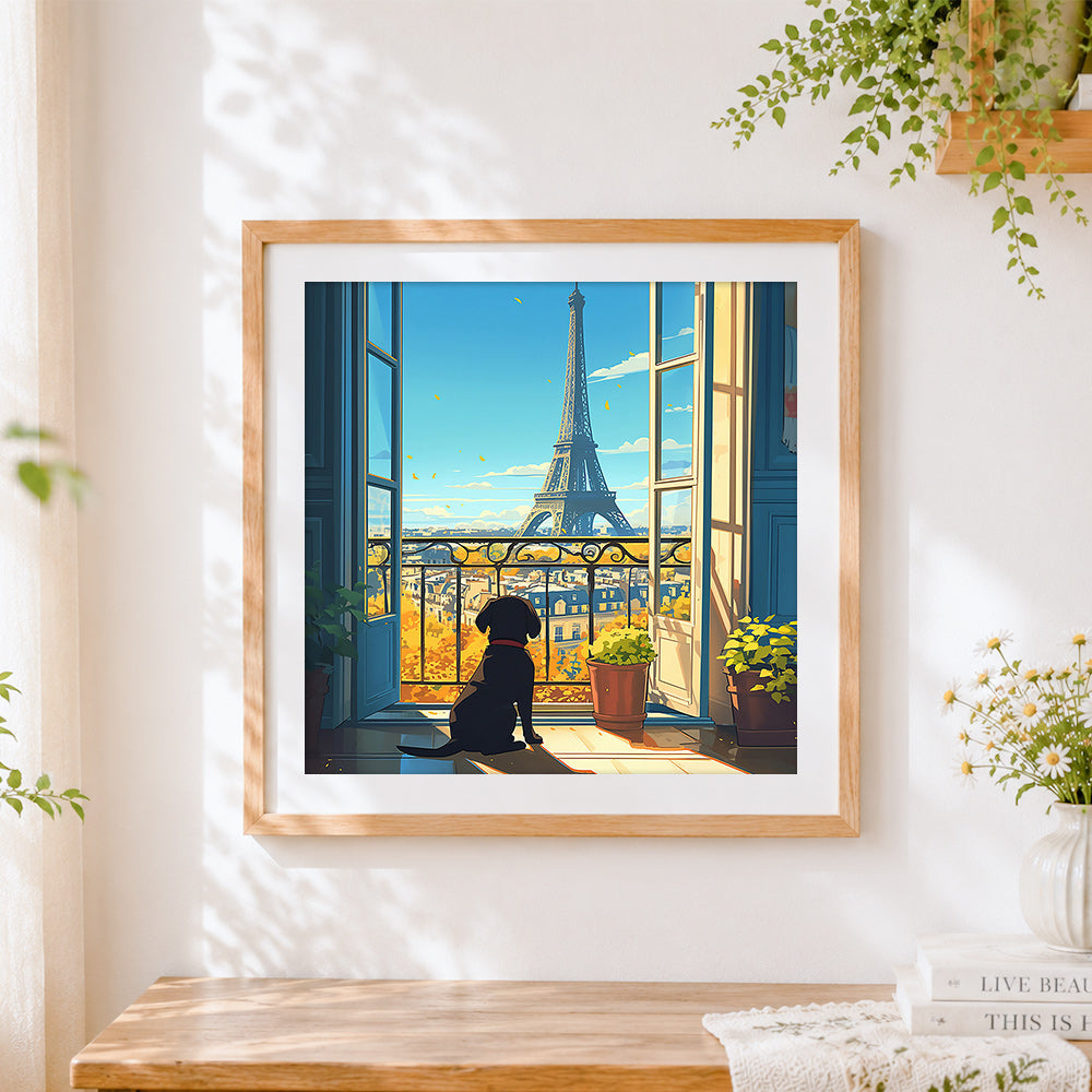 Finished dog looking at the eiffel tower cross stitch artwork displayed