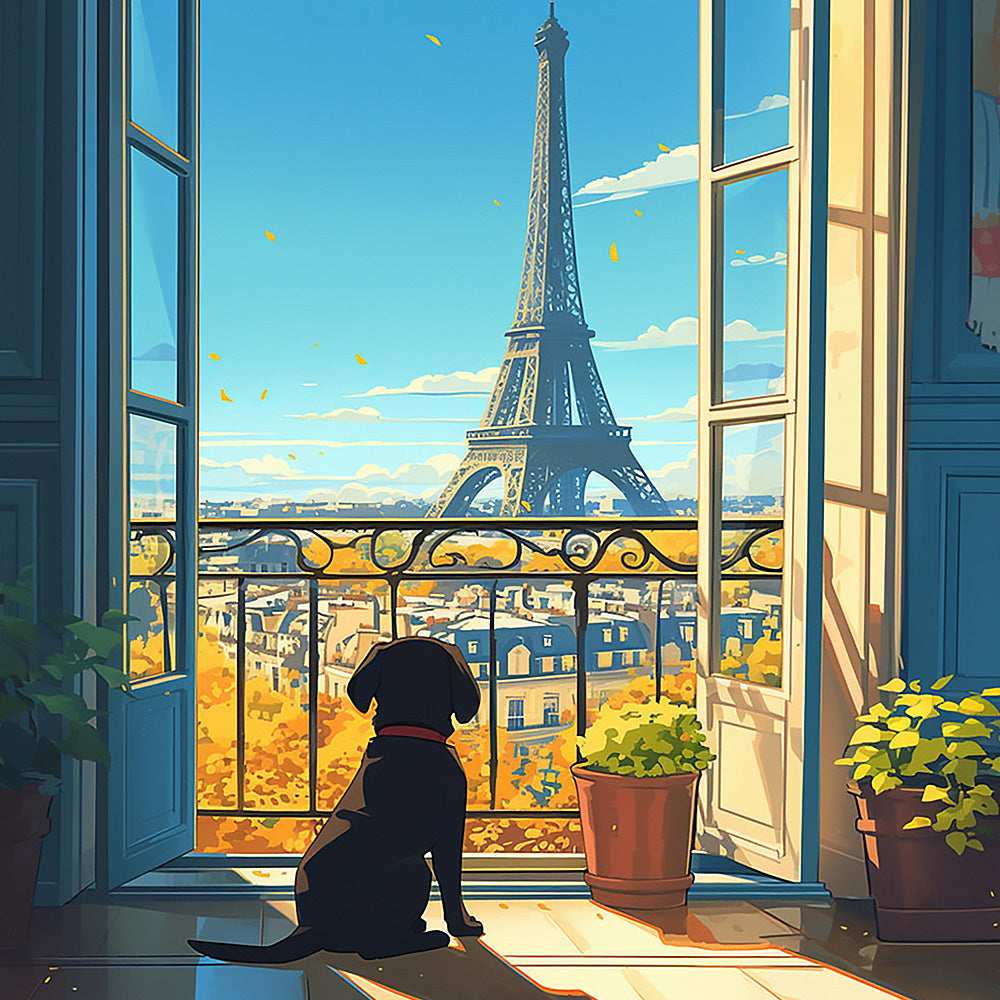 Dog looking at the eiffel tower cross stitch kit for beginners