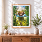 Finished dog swimming with underwater reflection cross stitch artwork displayed