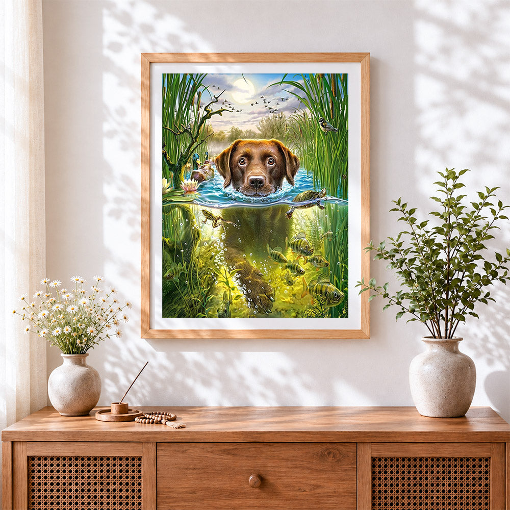 Finished dog swimming with underwater reflection cross stitch artwork displayed