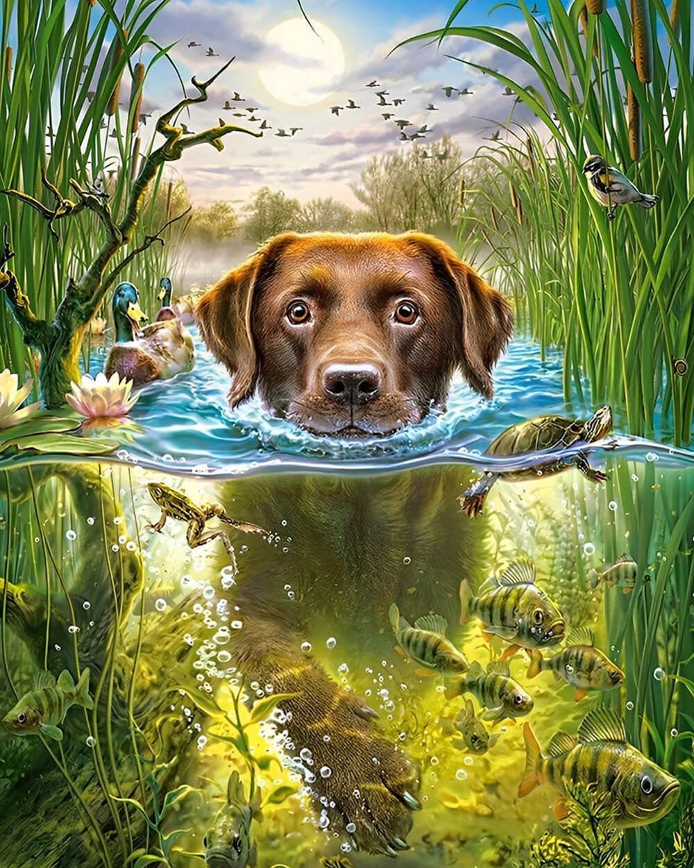 Dog swimming with underwater reflection cross stitch kit for beginners