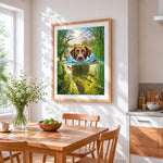 Dog swimming with underwater reflection cross stitch artwork displayed on wall as home decor