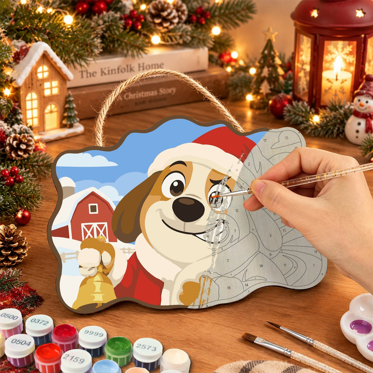 Dog with christmas bell paint by numbers door hanger painting process
