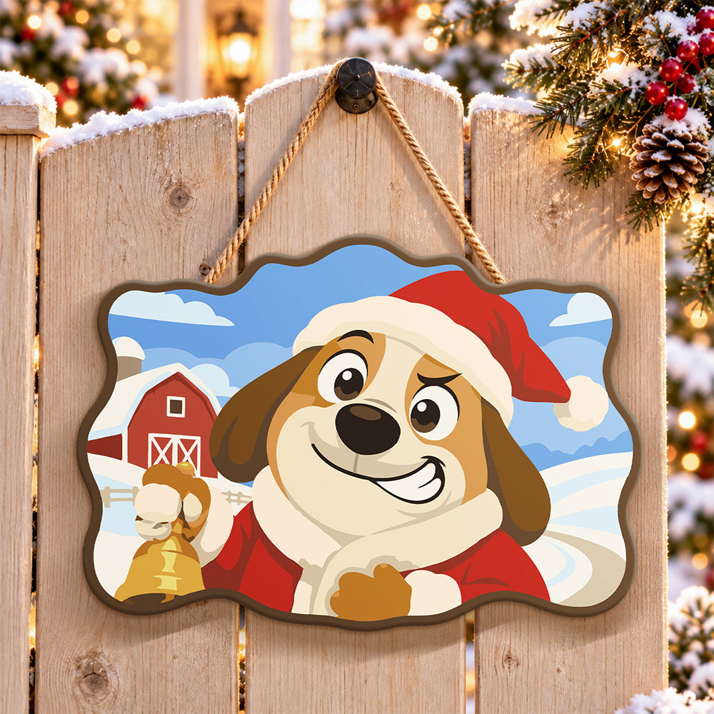 Dog with christmas bell paint by numbers door hanger on a garden gate