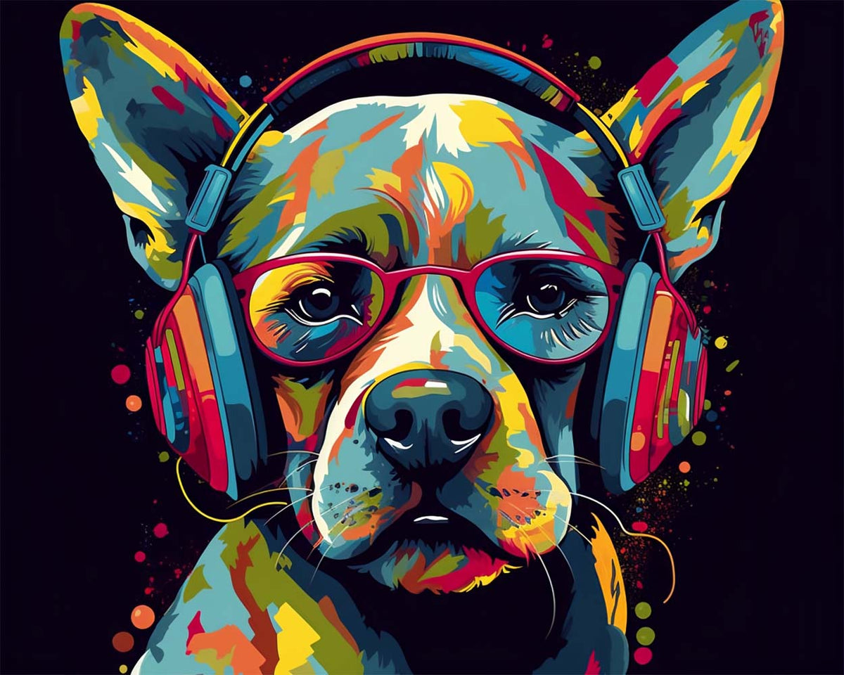 Dog with headphones and red glasses cross stitch kit for beginners