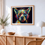 Dog with headphones and red glasses cross stitch artwork displayed on wall as home decor
