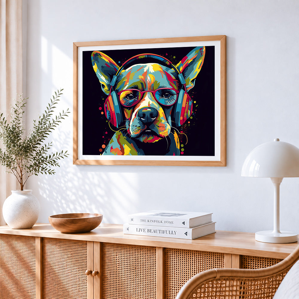 Dog with headphones and red glasses paint by numbers artwork displayed on wall as home decor