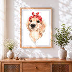 Finished dog with red bandana cross stitch artwork displayed