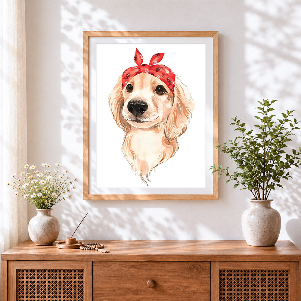 Finished dog with red bandana cross stitch artwork displayed