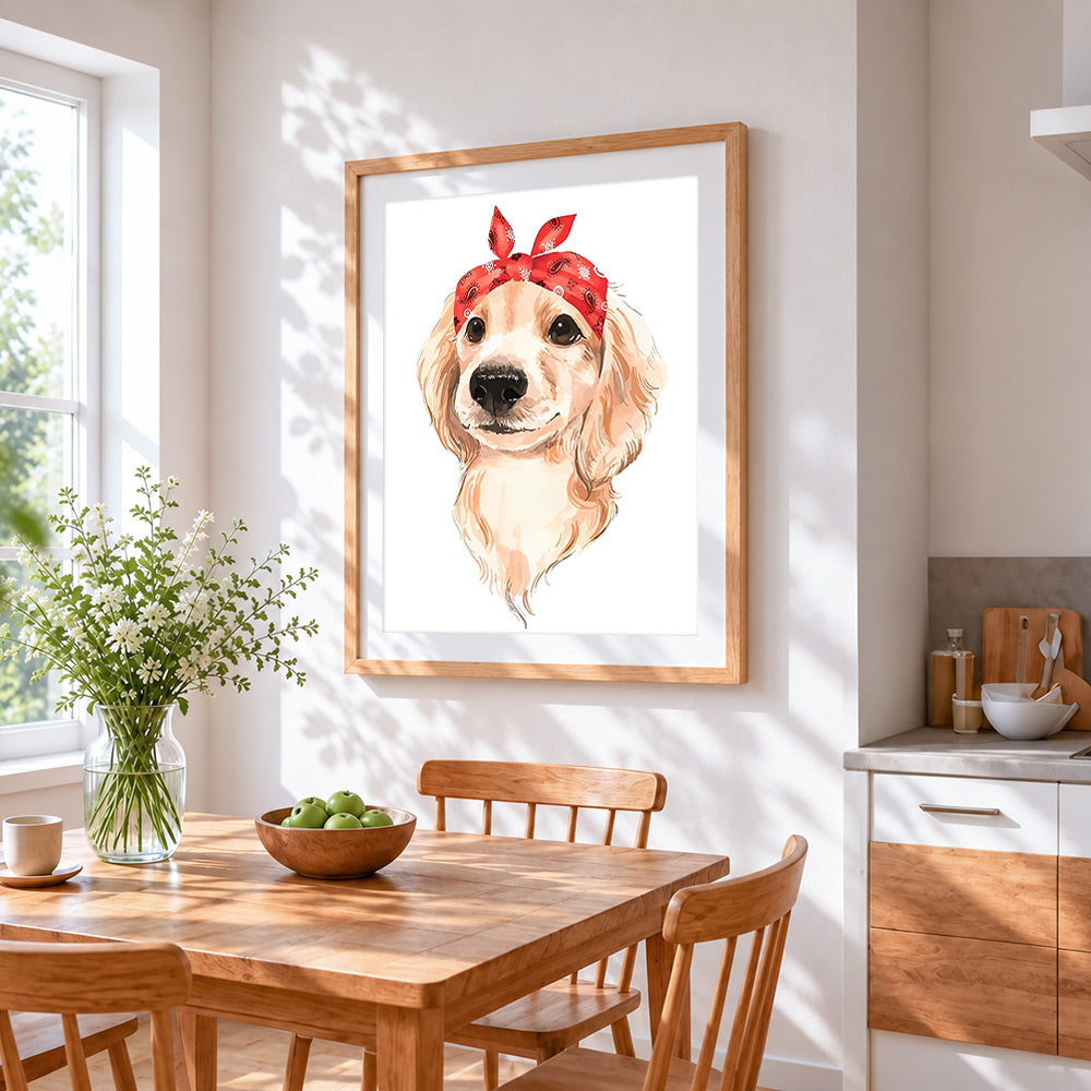 Dog with red bandana cross stitch artwork displayed on wall as home decor
