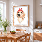 Dog with red bandana cross stitch artwork displayed on wall as home decor