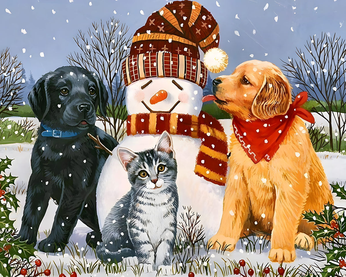 Dogs, cat and snowman cross stitch kit for beginners