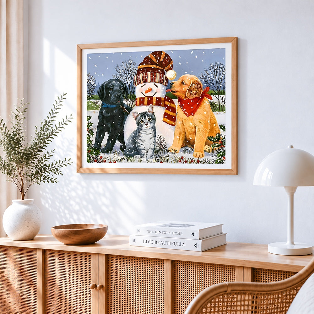 Dogs, cat and snowman cross stitch artwork displayed on wall as home decor