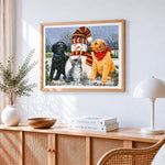 Dogs, cat and snowman cross stitch artwork displayed on wall as home decor