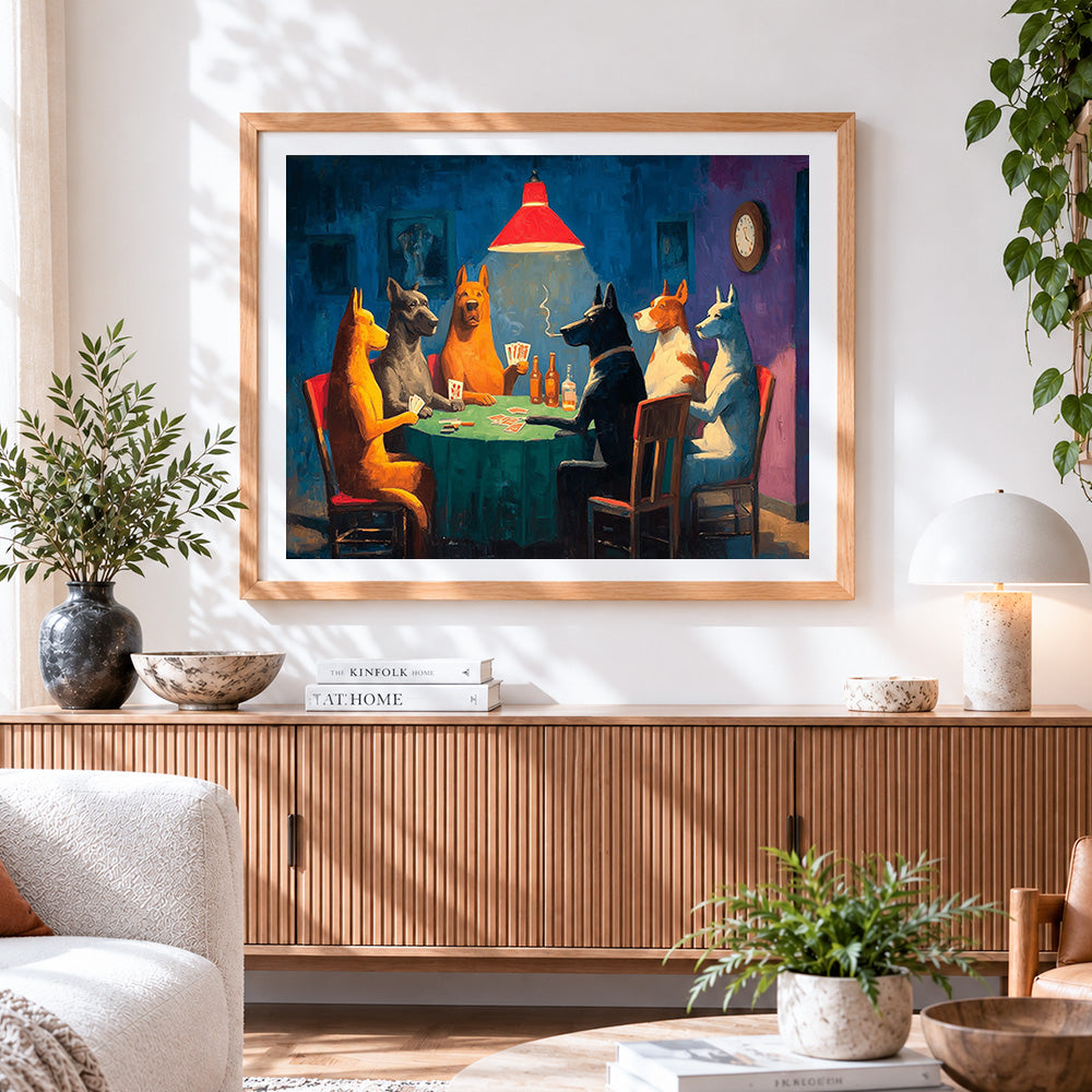 Finished dogs playing poker cross stitch artwork displayed