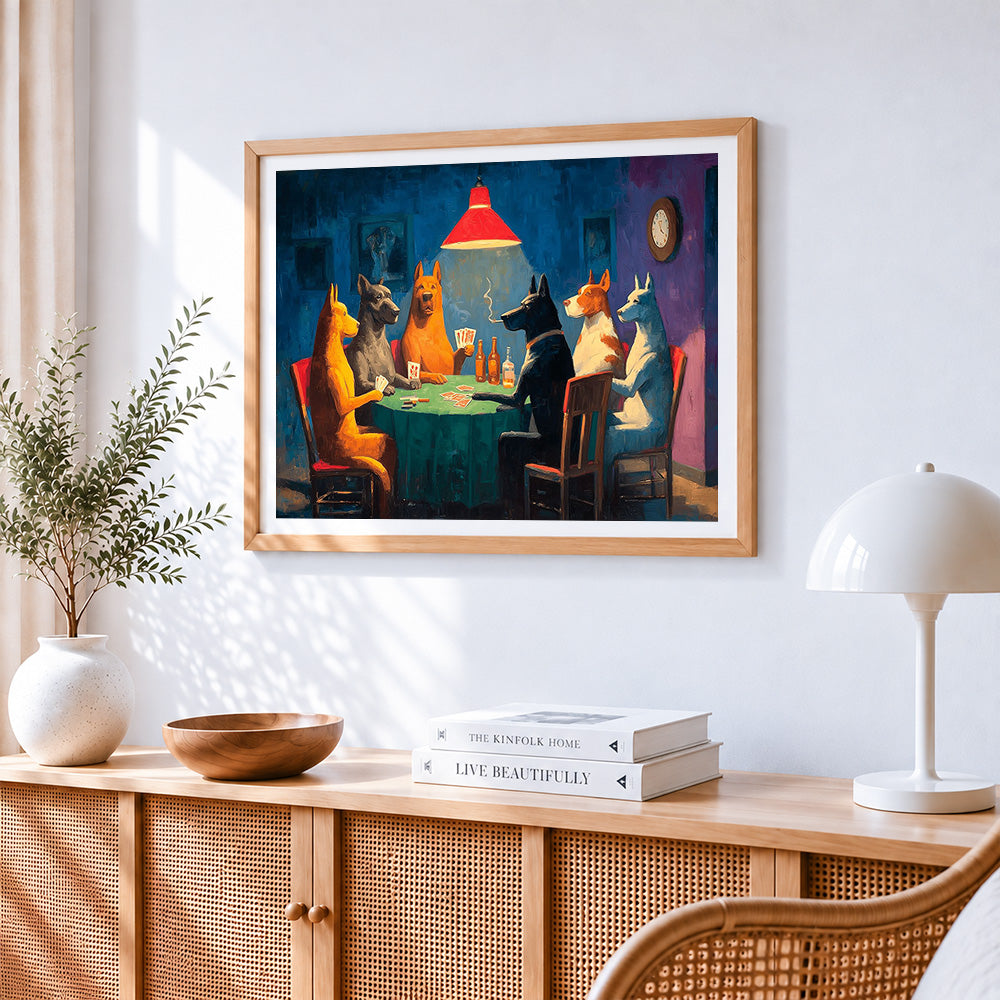 Dogs playing poker cross stitch artwork displayed on wall as home decor