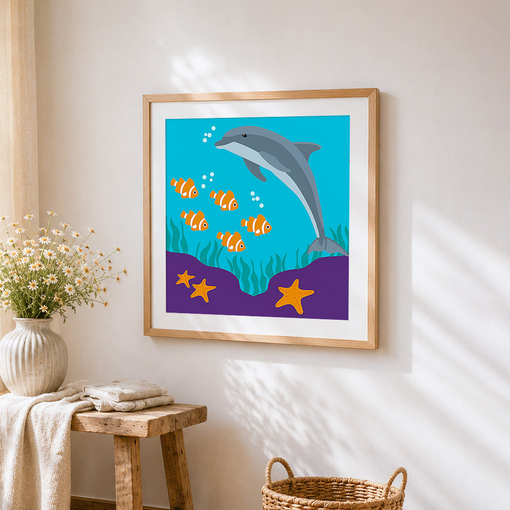 Dolphin and clownfish under the sea cross stitch artwork displayed on wall as home decor