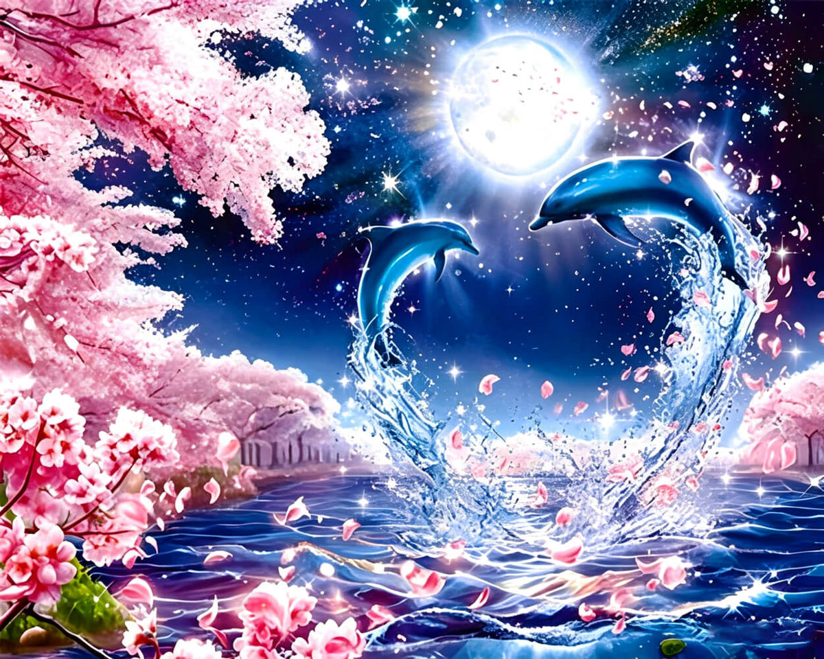 Dolphin couple and cherry blossom cross stitch kit for beginners