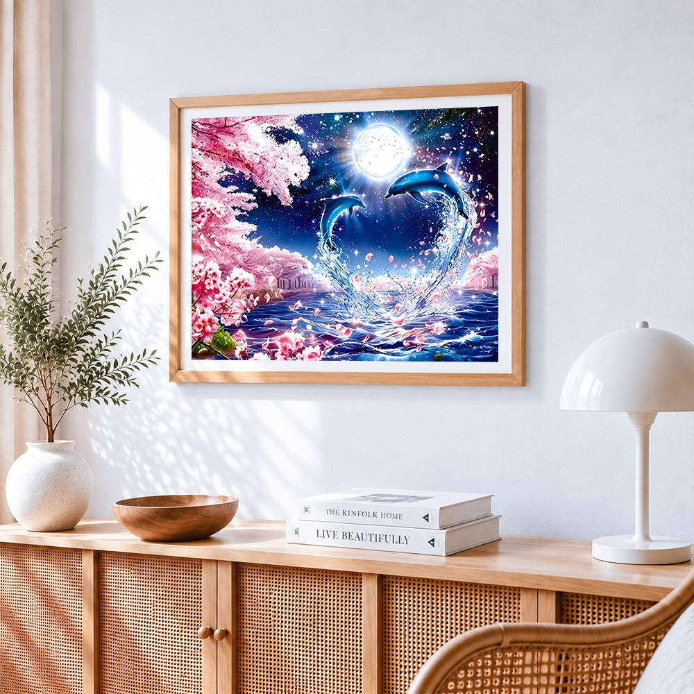 Dolphin couple and cherry blossom cross stitch artwork displayed on wall as home decor