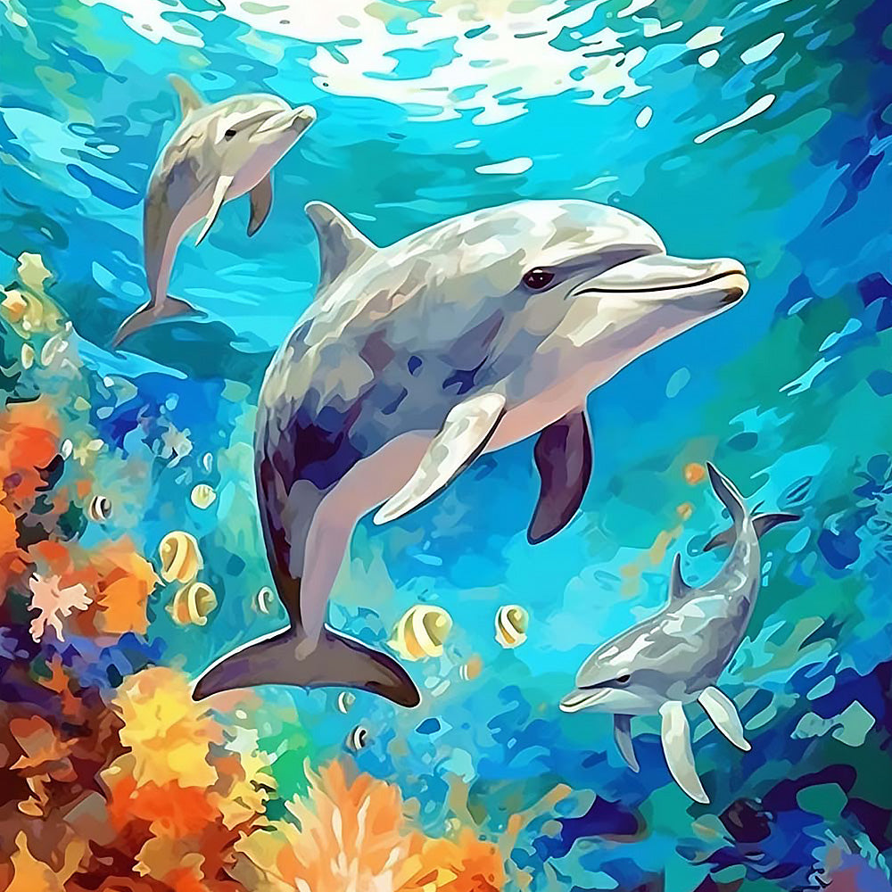 Dolphin family in coral reef cross stitch kit for beginners