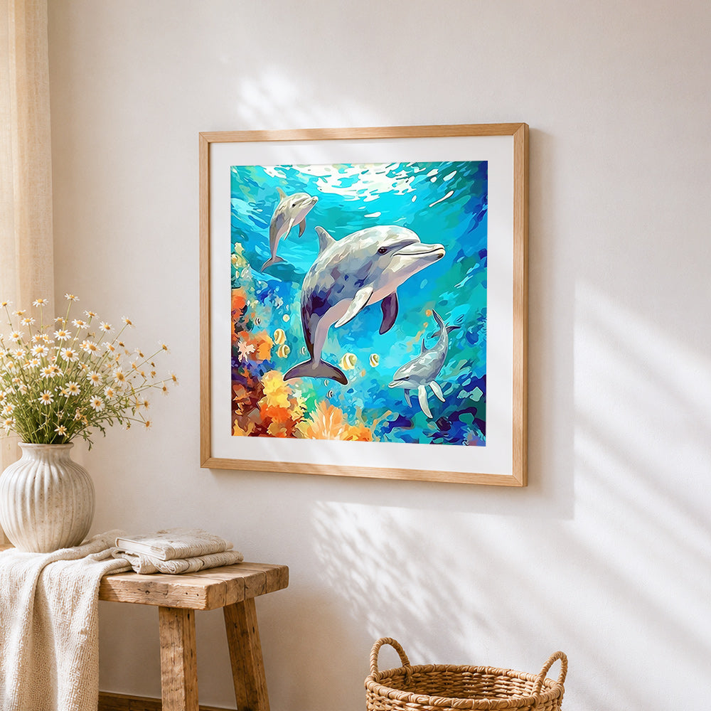 Dolphin family in coral reef cross stitch artwork displayed on wall as home decor
