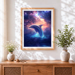 Finished dolphin in starry sky cross stitch artwork displayed