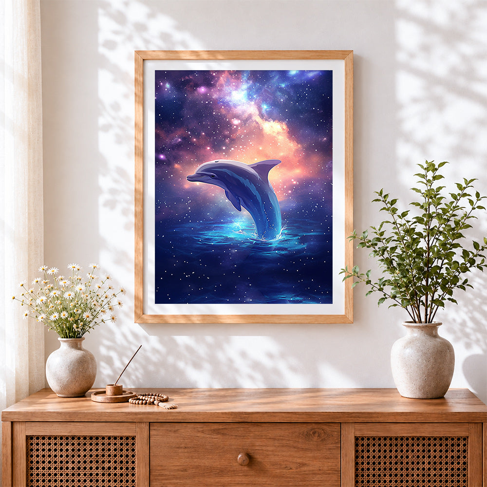 Finished dolphin in starry sky cross stitch artwork displayed
